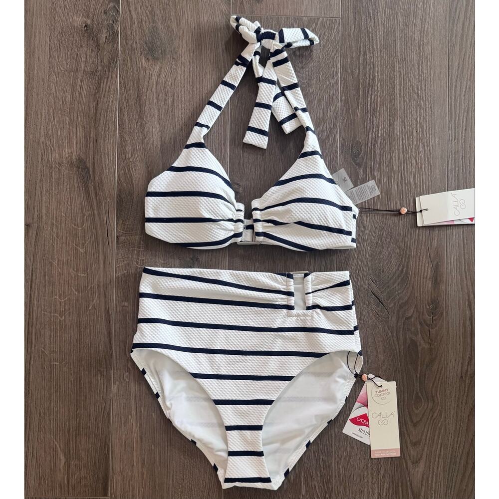 Calia Swim 2 Piece Bikini Halter Tie High Waist Bottom Nautical Stripe Preppy XS